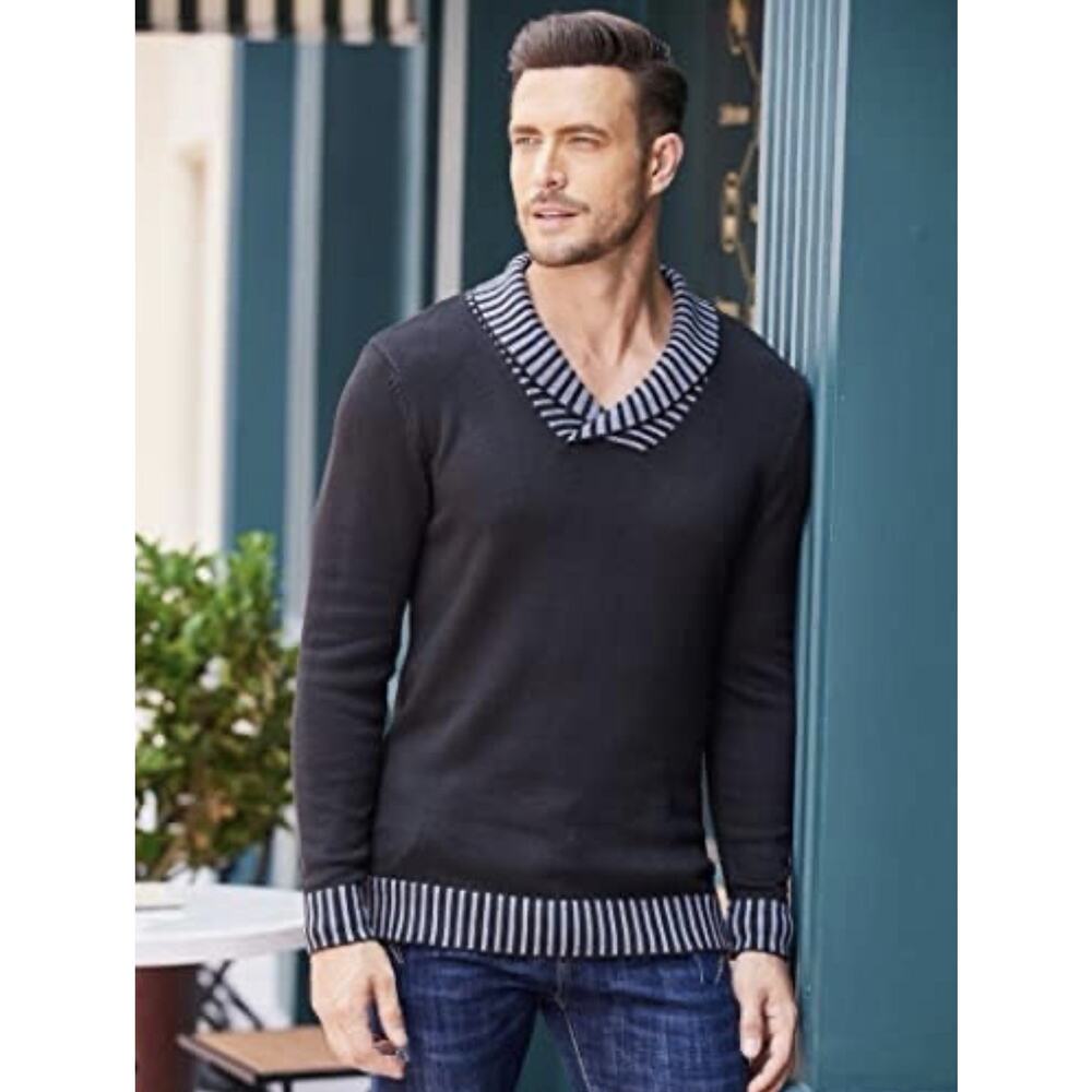 COOFANDY - Men Black And Gray Casual Knitted Sweaters Shawl Collar - Size Large